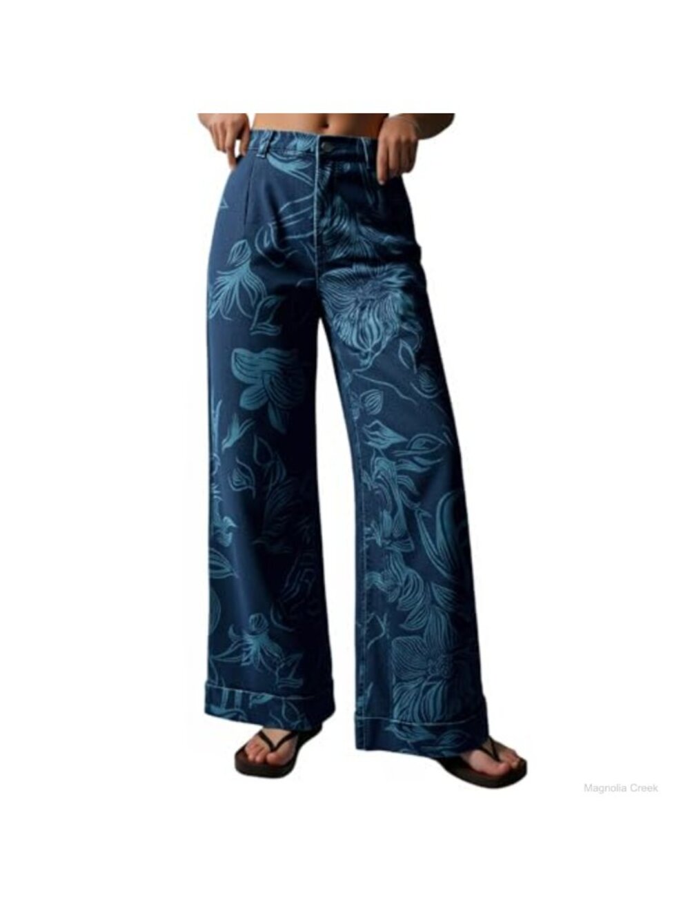 High Waisted Wide Leg Floral Denim Jeans Cotton Blend Baggy Boyfriend Style